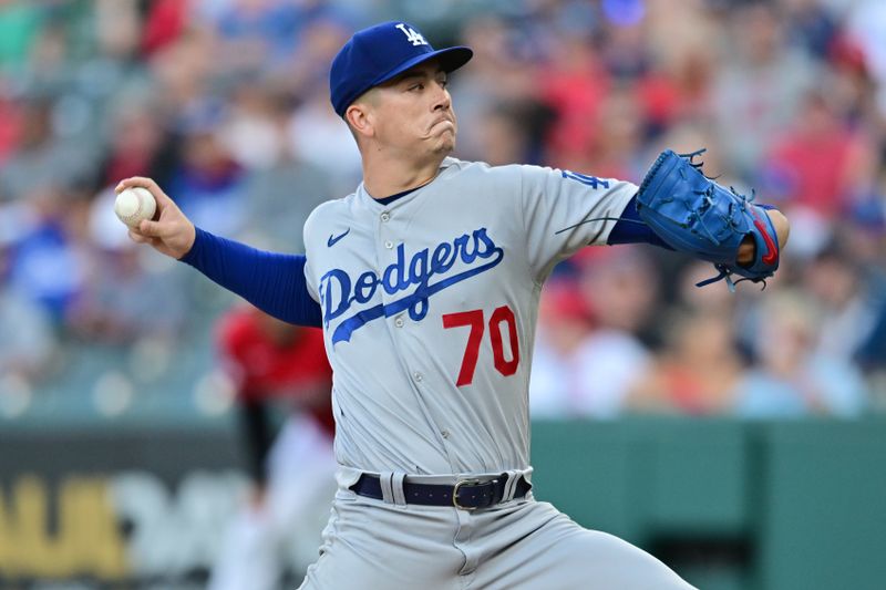 Aug 22, 2023; Cleveland, Ohio, USA; Los Angeles Dodgers starting pitcher Bobby Miller (70) throws a pitch during the first inning against the Cleveland Guardians at Progressive Field. Mandatory Credit: Ken Blaze-USA TODAY Sports