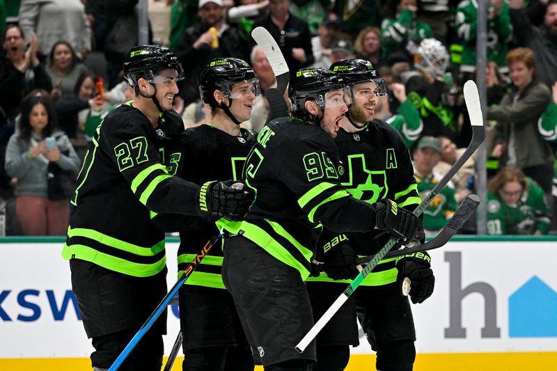 Jan 10, 2024; Dallas, Texas, USA; Dallas Stars center Matt Duchene (95) and defenseman Nils Lundkvist (5) and left wing Mason Marchment (27) and center Tyler Seguin (91) celebrates after Duchene scores a goal against Minnesota Wild goaltender Jesper Wallstedt (not pictured) during the second period at the American Airlines Center. Mandatory Credit: Jerome Miron-USA TODAY Sports