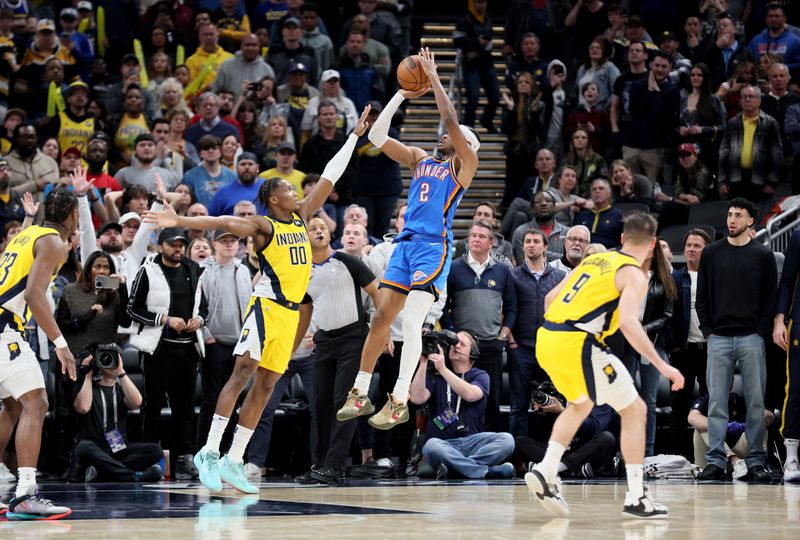 INDIANAPOLIS, INDIANA - MARCH 31:  Shai Gilgeous-Alexander #2 of the Oklahoma City Thunder against Indiana Pacers at Gainbridge Fieldhouse on March 31, 2023 in Indianapolis, Indiana.    NOTE TO USER: User expressly acknowledges and agrees that, by downloading and/or using this photograph, User is consenting to the terms and conditions of the Getty Images License Agreement. (Photo by Andy Lyons/Getty Images)