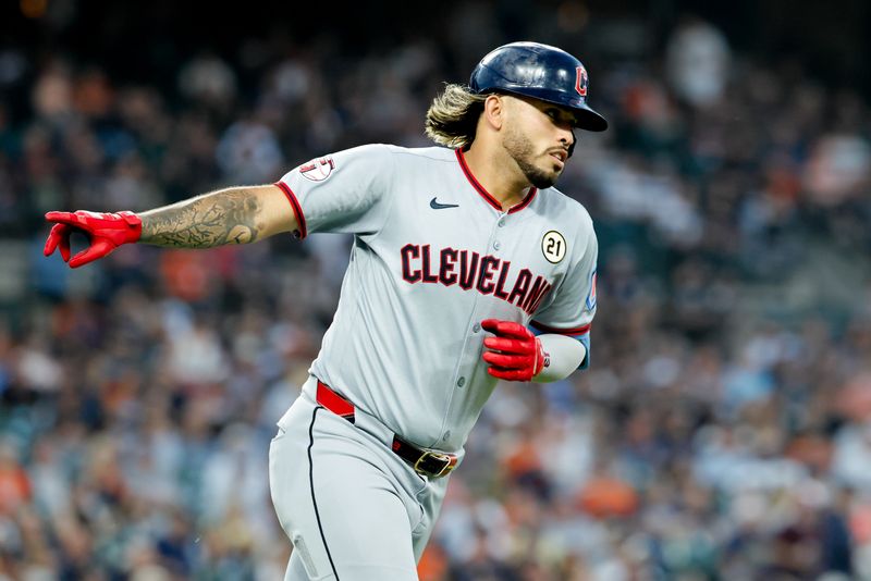 Sep 16, 2025; Detroit, Michigan, USA;  Cleveland Guardians shortstop Gabriel Arias (13) runs the bases after he hits a home run in the fourth inning against the Detroit Tigers at Comerica Park. Mandatory Credit: Rick Osentoski-Imagn Images