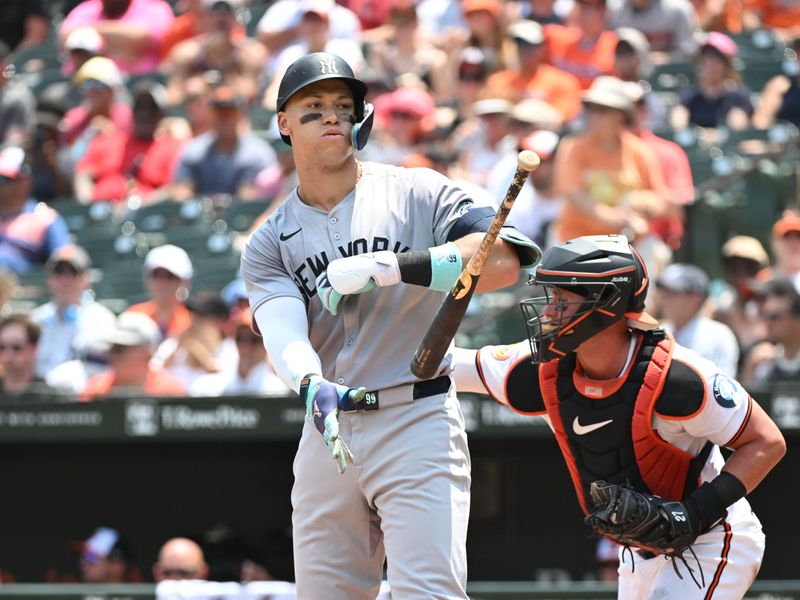 Jul 14, 2024; Baltimore, Maryland, USA;  New York Yankees outfielder Aaron Judge (99) draws a walk during the fifth inning against the Baltimore Orioles at Oriole Park at Camden Yards. Mandatory Credit: James A. Pittman-USA TODAY Sports