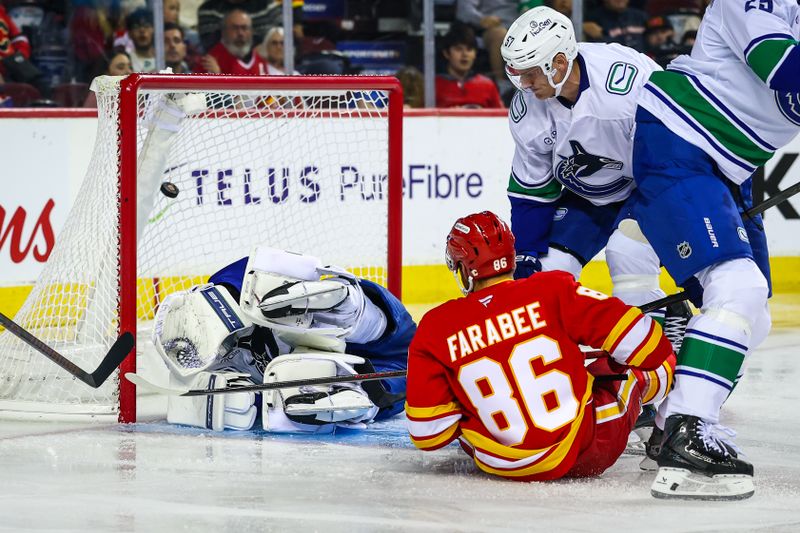 Oct 1, 2025; Calgary, Alberta, CAN; Calgary Flames left wing Joel Farabee (86) scores a goal against Vancouver Canucks goaltender Kevin Lankinen (32) during the second period at Scotiabank Saddledome. Mandatory Credit: Sergei Belski-Imagn Images