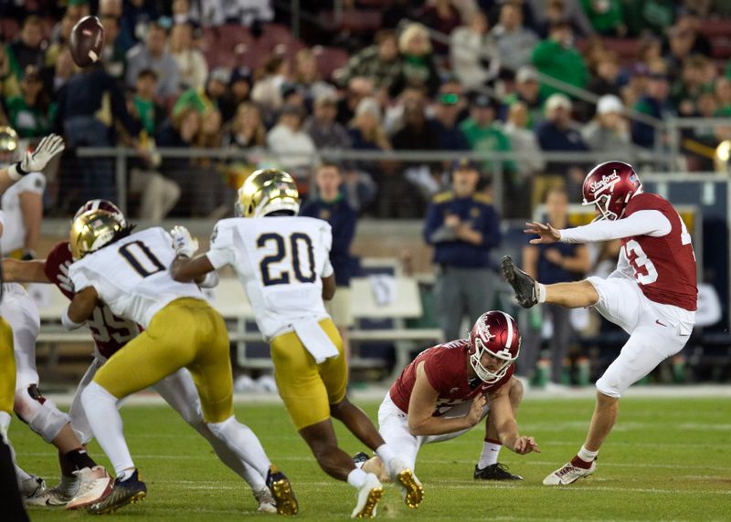 Nov 25, 2023; Stanford, California, USA; Stanford Cardinal kicker Joshua Karty (43) kicks a 56-yard field goal against the Notre Dame Fighting Irish during the second quarter at Stanford Stadium. Mandatory Credit: D. Ross Cameron-USA TODAY Sports