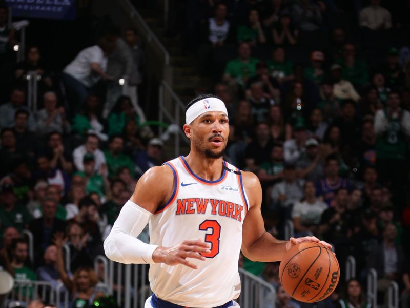 BOSTON, MA - MAY 14: Josh Hart #3 of the New York Knicks handles the ball during the game against the Boston Celtics  during Round Two Game Five of the 2025 NBA Playoffs on May 14, 2025 at TD Garden in Boston, Massachusetts. NOTE TO USER: User expressly acknowledges and agrees that, by downloading and/or using this Photograph, user is consenting to the terms and conditions of the Getty Images License Agreement. Mandatory Copyright Notice: Copyright 2025 NBAE (Photo by Nathaniel S. Butler/NBAE via Getty Images)
