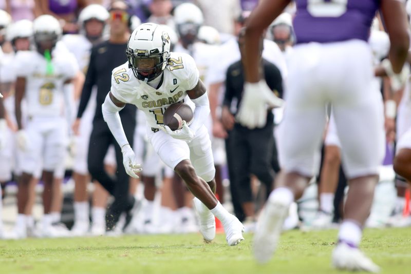 Sep 2, 2023; Fort Worth, Texas, USA; Colorado Buffaloes wide receiver Travis Hunter (12) runs after catching a ball in the first half against the TCU Horned Frogs at Amon G. Carter Stadium. Mandatory Credit: Tim Heitman-USA TODAY Sports