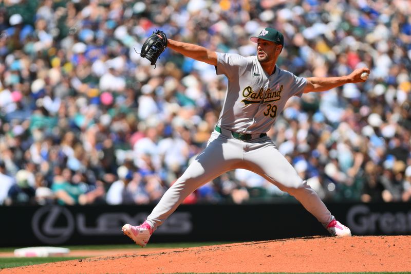 May 12, 2024; Seattle, Washington, USA; Oakland Athletics relief pitcher Kyle Muller (39) pitches to the Oakland Athletics during the third inning at T-Mobile Park. Mandatory Credit: Steven Bisig-USA TODAY Sports