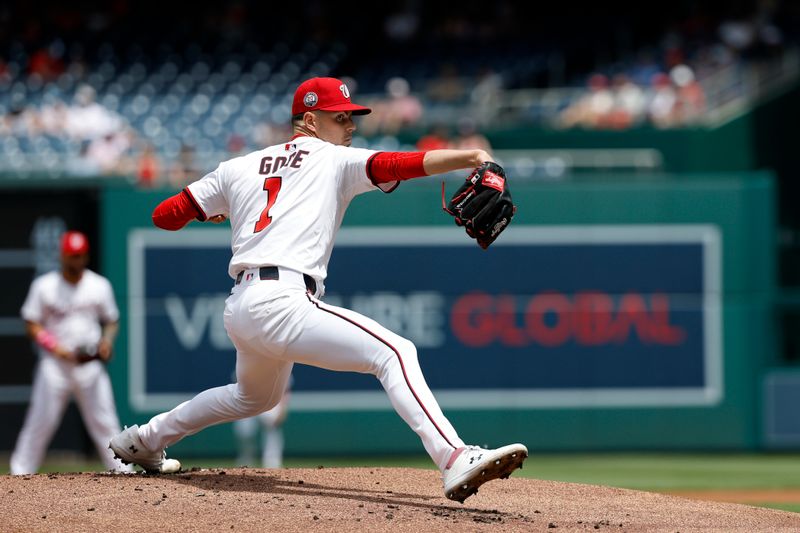 May 11, 2025; Washington, District of Columbia, USA; Washington Nationals starting pitcher MacKenzie Gore (1) pitches against the St. Louis Cardinals during the first inning at Nationals Park. Mandatory Credit: Geoff Burke-Imagn Images