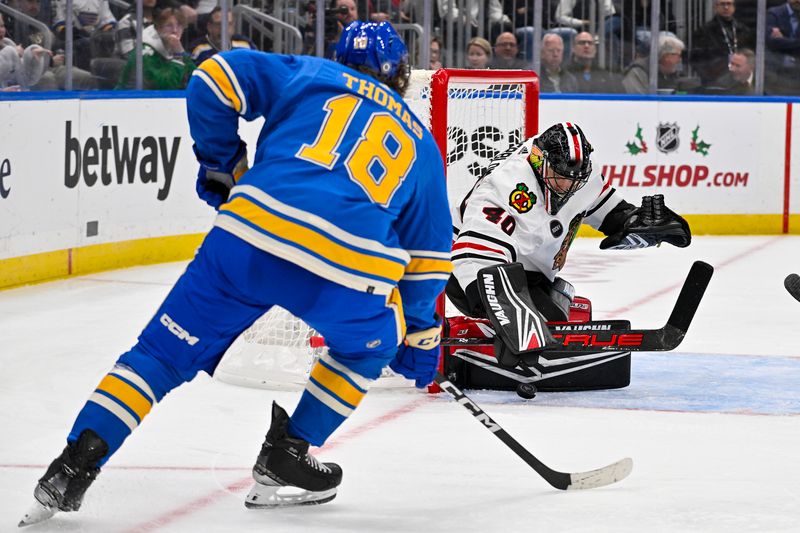 Dec 23, 2023; St. Louis, Missouri, USA;  Chicago Blackhawks goaltender Arvid Soderblom (40) defends the net against St. Louis Blues center Robert Thomas (18) during the second period at Enterprise Center. Mandatory Credit: Jeff Curry-USA TODAY Sports