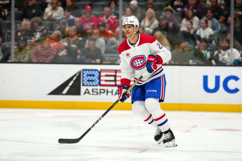 Nov 22, 2023; Anaheim, California, USA; Montreal Canadiens defenseman Johnathan Kovacevic (26) against the Anaheim Ducks in the second period at Honda Center. Mandatory Credit: Kirby Lee-USA TODAY Sports