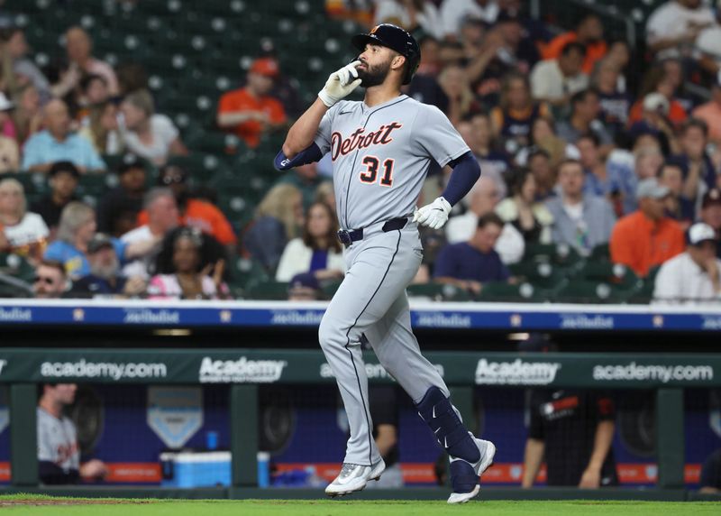 Apr 28, 2025; Houston, Texas, USA; Detroit Tigers right fielder Riley Greene (31) rounds the bases after hitting a home run during the fourth inning against the Houston Astros at Daikin Park. Mandatory Credit: Troy Taormina-Imagn Images