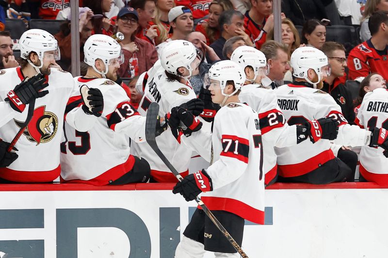 Apr 7, 2024; Washington, District of Columbia, USA; Ottawa Senators center Ridly Greig (71) celebrates with teammates after scoring a goal against the Washington Capitals in the third period at Capital One Arena. Mandatory Credit: Geoff Burke-USA TODAY Sports