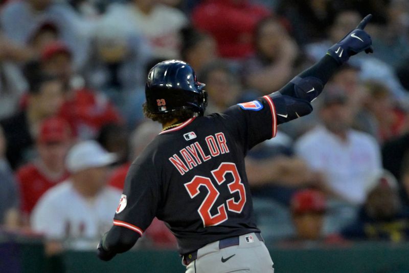 Apr 5, 2025; Anaheim, California, USA;  Cleveland Guardians catcher Bo Naylor (23) rounds the bases on a solo home run in the third inning against the Los Angeles Angels at Angel Stadium. Mandatory Credit: Jayne Kamin-Oncea-Imagn Images