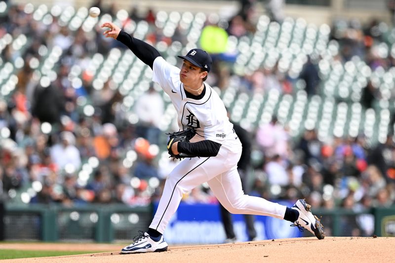 Apr 6, 2025; Detroit, Michigan, USA;  Detroit Tigers starting pitcher Jackson Jobe (21) throws a pitch against the Chicago White Sox  in the first inning at Comerica Park. Mandatory Credit: Lon Horwedel-Imagn Images
