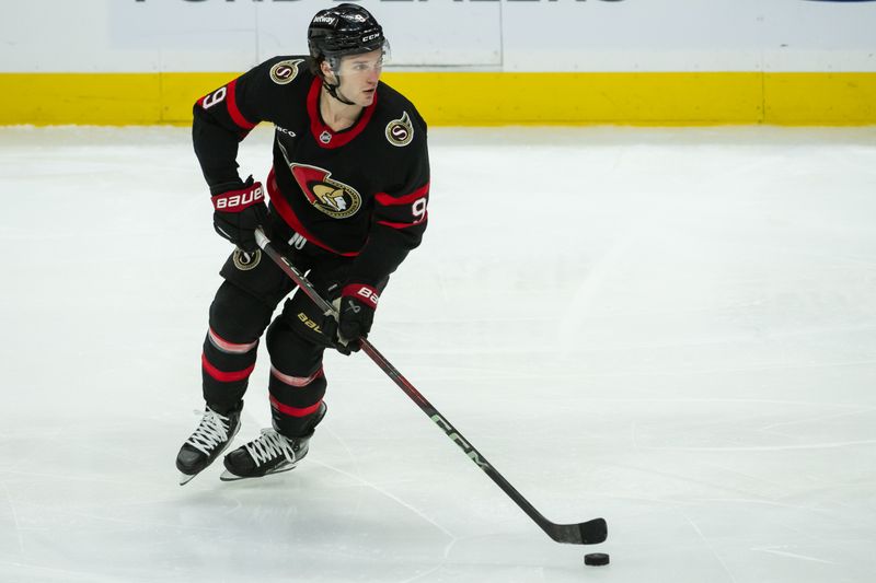 Jan 16, 2025; Ottawa, Ontario, CAN; Ottawa Senators center Josh Norris (9) skates in the third period against the Washington Capitals at the Canadian Tire Centre. Mandatory Credit: Marc DesRosiers-Imagn Images