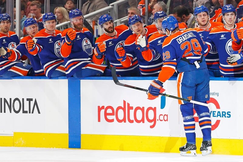 Jan 21, 2025; Edmonton, Alberta, CAN; The Edmonton Oilers celebrate a goal scored by forward Leon Draisaitl (29) during the first period against the Washington Capitals at Rogers Place. Mandatory Credit: Perry Nelson-Imagn Images