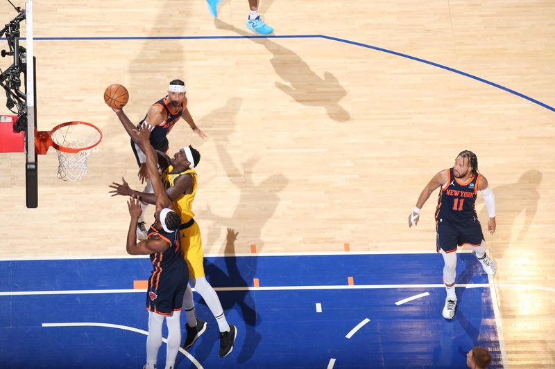 NEW YORK, NY - FEBRUARY 1: Pascal Siakam #43 of the Indiana Pacers drives to the basket during the game against the New York Knicks on February 1, 2024 at Madison Square Garden in New York City, New York.  NOTE TO USER: User expressly acknowledges and agrees that, by downloading and or using this photograph, User is consenting to the terms and conditions of the Getty Images License Agreement. Mandatory Copyright Notice: Copyright 2024 NBAE  (Photo by Nathaniel S. Butler/NBAE via Getty Images)