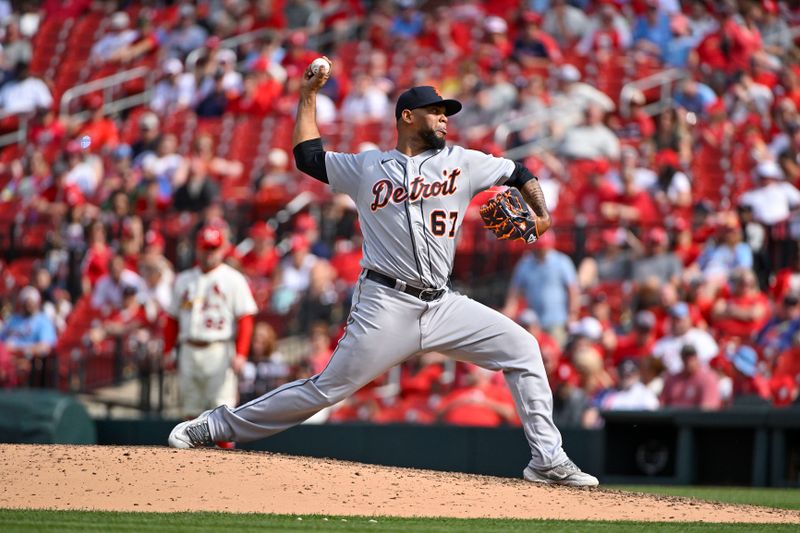 May 6, 2023; St. Louis, Missouri, USA;  Detroit Tigers relief pitcher Jose Cisnero (67) pitches against the St. Louis Cardinals during the tenth inning at Busch Stadium. Mandatory Credit: Jeff Curry-USA TODAY Sports