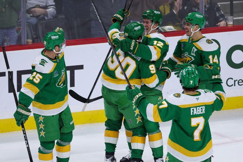 Nov 29, 2025; Saint Paul, Minnesota, USA; Minnesota Wild left wing Matt Boldy (12) celebrates his goal against the Buffalo Sabres during the first period at Grand Casino Arena. Mandatory Credit: Matt Krohn-Imagn Images