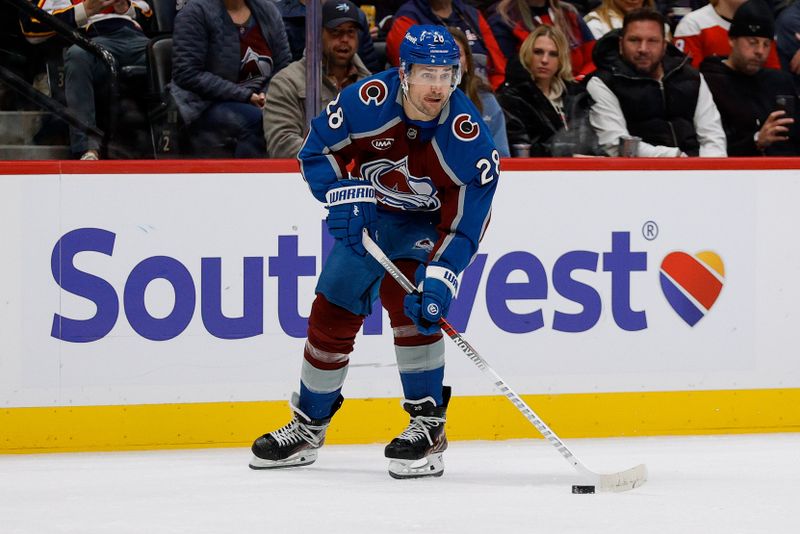 Nov 15, 2024; Denver, Colorado, USA; Colorado Avalanche left wing Miles Wood (28) controls the puck in the second period against the Washington Capitals at Ball Arena. Mandatory Credit: Isaiah J. Downing-Imagn Images