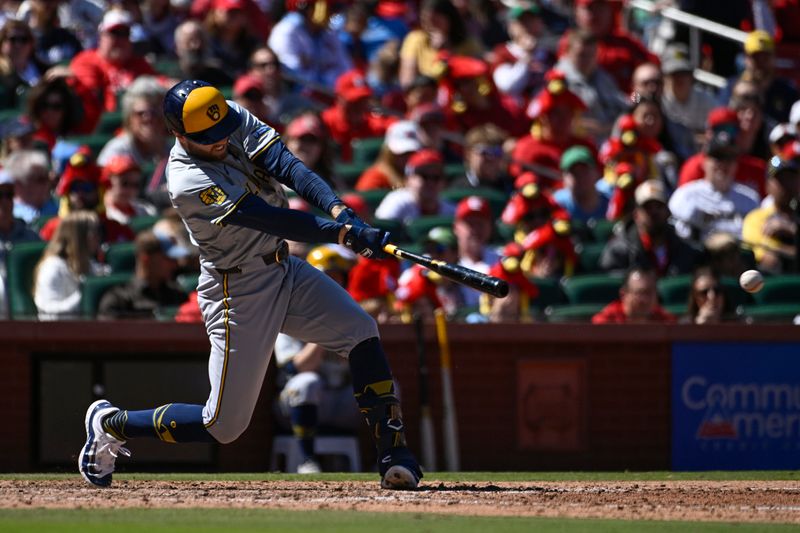 Apr 21, 2024; St. Louis, Missouri, USA; Milwaukee Brewers first baseman Owen Miller (6) hits a two RBI single against the St. Louis Cardinals in the seventh inning at Busch Stadium. Mandatory Credit: Joe Puetz-USA TODAY Sports