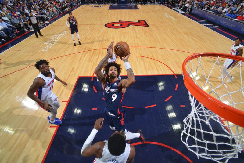 PHILADELPHIA, PA - APRIL 9: Kelly Oubre Jr. #9 of the Philadelphia 76ers shoots the ball during the game against the Detroit Pistons on April 9, 2024 at the Wells Fargo Center in Philadelphia, Pennsylvania NOTE TO USER: User expressly acknowledges and agrees that, by downloading and/or using this Photograph, user is consenting to the terms and conditions of the Getty Images License Agreement. Mandatory Copyright Notice: Copyright 2024 NBAE (Photo by Jesse D. Garrabrant/NBAE via Getty Images)