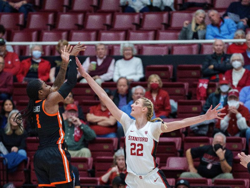 Jan 27, 2023; Stanford, California, USA; Oregon State Beavers guard Bendu Yeaney (1) shoots the basketball against Stanford Cardinal forward Cameron Brink (22) during the first quarter at Maples Pavilion. Mandatory Credit: Neville E. Guard-USA TODAY Sports