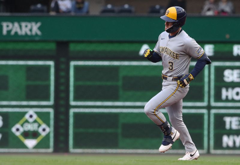 May 22, 2025; Pittsburgh, Pennsylvania, USA;  Milwaukee Brewers shortstop Joey Ortiz (3) circles the bases on a solo home run against the Pittsburgh Pirates during the second inning at PNC Park. Mandatory Credit: Charles LeClaire-Imagn Images