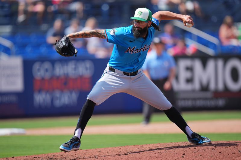 Mar 17, 2024; Port St. Lucie, Florida, USA;  Miami Marlins pitcher Devin Smeltzer (38) pitches in the sixth inning against the New York Mets at Clover Park. Mandatory Credit: Jim Rassol-USA TODAY Sports