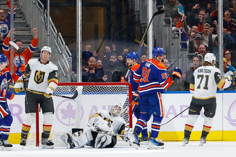 Nov 28, 2023; Edmonton, Alberta, CAN; Edmonton Oilers forward Evander Kane (91)  celebrates after scoring a goal during the second period against the Vegas Golden Knights at Rogers Place. Mandatory Credit: Perry Nelson-USA TODAY Sports