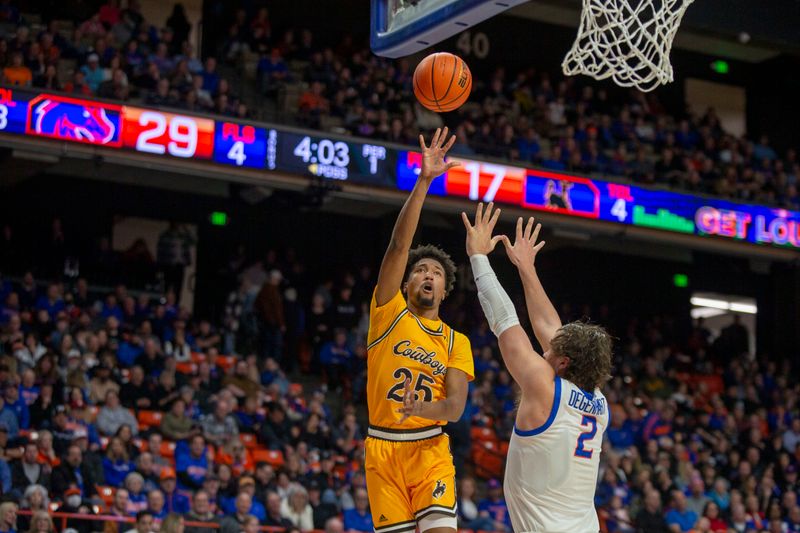 Feb 11, 2023; Boise, Idaho, USA; Wyoming Cowboys forward Jeremiah Oden (25) shoots during the first half against the Boise State Broncos at ExtraMile Arena. Mandatory Credit: Brian Losness-USA TODAY Sports
