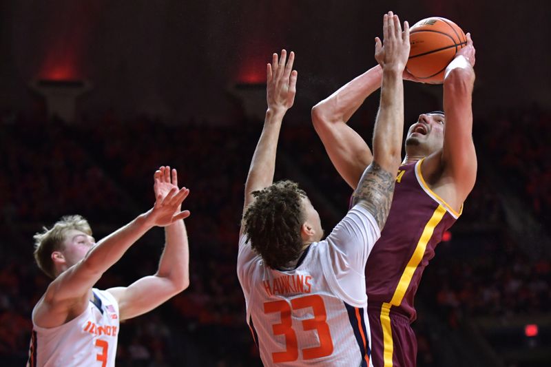 Feb 28, 2024; Champaign, Illinois, USA; Illinois Fighting Illini guard Marcus Domask (3) and Coleman Hawkins (33) pressures Minnesota Golden Gophers forward Dawson Garcia (3) as he shoots during the second half at State Farm Center. Mandatory Credit: Ron Johnson-USA TODAY Sports