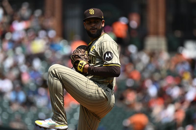 Jul 28, 2024; Baltimore, Maryland, USA;  San Diego Padres starting pitcher Randy Vasquez (98) delivers a pitch during the first inning against the Baltimore Orioles at Oriole Park at Camden Yards. Mandatory Credit: James A. Pittman-USA TODAY Sports