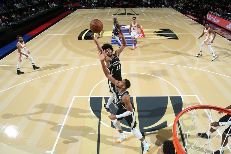 LAS VEGAS, NV - DECEMBER 14: Andre Jackson Jr. #44 of the Milwaukee Bucks rebounds the ball during the game against the Atlanta Hawks during the Emirates NBA Cup Semifinal game on December 14, 2024 at T-Mobile Arena in Las Vegas, Nevada. NOTE TO USER: User expressly acknowledges and agrees that, by downloading and/or using this Photograph, user is consenting to the terms and conditions of the Getty Images License Agreement. Mandatory Copyright Notice: Copyright 2024 NBAE (Photo by Nathaniel S. Butler/NBAE via Getty Images)