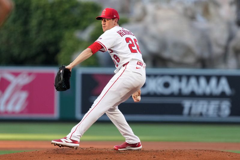 May 9, 2025; Anaheim, California, USA; Los Angeles Angels starting pitcher Kyle Hendricks (28) throws in the second inning against the Baltimore Orioles at Angel Stadium. Mandatory Credit: Kirby Lee-Imagn Images
