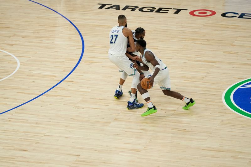 MINNEAPOLIS, MN -  MAY 22: Anthony Edwards #5 of the Minnesota Timberwolves dribbles the ball during the game against the Dallas Mavericks during Game 1 of the Western Conference Finals of the 2024 NBA Playoffs on January 1, 2024 at Target Center in Minneapolis, Minnesota. NOTE TO USER: User expressly acknowledges and agrees that, by downloading and or using this Photograph, user is consenting to the terms and conditions of the Getty Images License Agreement. Mandatory Copyright Notice: Copyright 2024 NBAE (Photo by Jordan Johnson/NBAE via Getty Images)