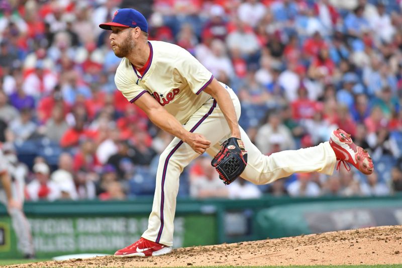 May 6, 2024; Philadelphia, Pennsylvania, USA; Philadelphia Phillies pitcher Zack Wheeler (45) follows through on a pitch against the San Francisco Giants during the seventh inning at Citizens Bank Park. Mandatory Credit: Eric Hartline-USA TODAY Sports