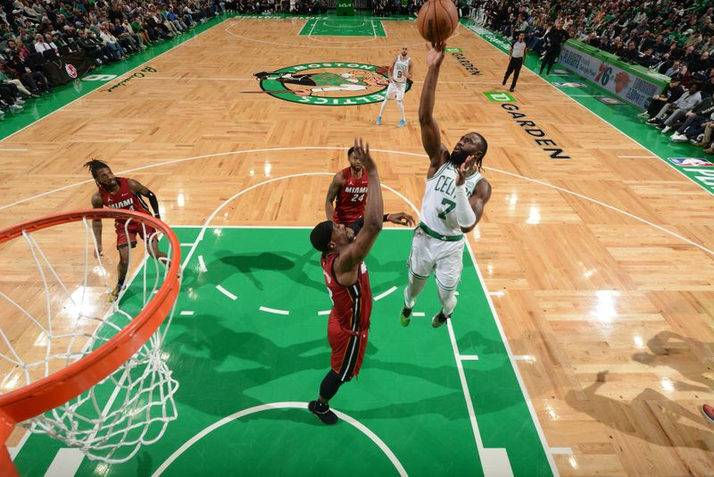 BOSTON, MA - APRIL 21: Jaylen Brown #7 of the Boston Celtics goes up for the rebound during the game against the Miami Heat during Round 1 Game 1 of the 2024 NBA Playoffs on April 21, 2024 at the TD Garden in Boston, Massachusetts. NOTE TO USER: User expressly acknowledges and agrees that, by downloading and or using this photograph, User is consenting to the terms and conditions of the Getty Images License Agreement. Mandatory Copyright Notice: Copyright 2024 NBAE  (Photo by Brian Babineau/NBAE via Getty Images)