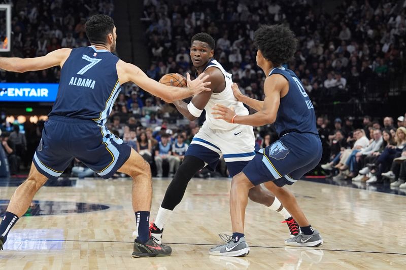 MINNEAPOLIS, MN -  JANUARY 11: Anthony Edwards #5 of the Minnesota Timberwolves looks to pass the ball during the game against the Memphis Grizzlies on January 11, 2025 at Target Center in Minneapolis, Minnesota. NOTE TO USER: User expressly acknowledges and agrees that, by downloading and or using this Photograph, user is consenting to the terms and conditions of the Getty Images License Agreement. Mandatory Copyright Notice: Copyright 2025 NBAE (Photo by Jordan Johnson/NBAE via Getty Images)