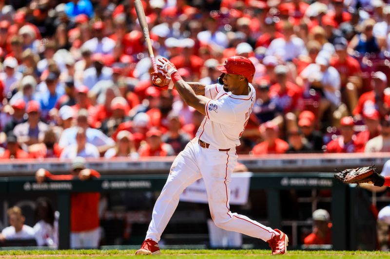 May 18, 2025; Cincinnati, Ohio, USA; Cincinnati Reds outfielder Will Benson (30) hits a two-run home run in the fourth inning against the Cleveland Guardians at Great American Ball Park. Mandatory Credit: Katie Stratman-Imagn Images