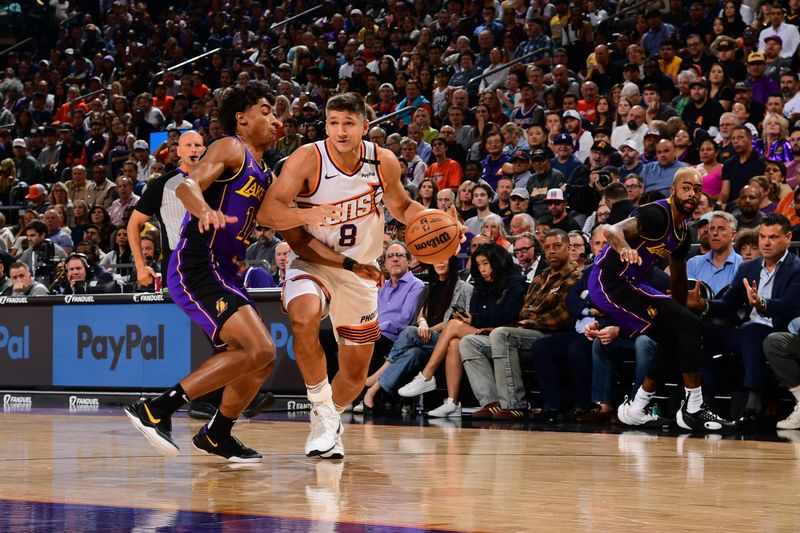 PHOENIX, AZ - OCTOBER 28: Grayson Allen #8 of the Phoenix Suns dribbles the ball during the game against the Los Angeles Lakers on October 28, 2024 at Footprint Center in Phoenix, Arizona. NOTE TO USER: User expressly acknowledges and agrees that, by downloading and or using this photograph, user is consenting to the terms and conditions of the Getty Images License Agreement. Mandatory Copyright Notice: Copyright 2024 NBAE (Photo by Kate Frese/NBAE via Getty Images)