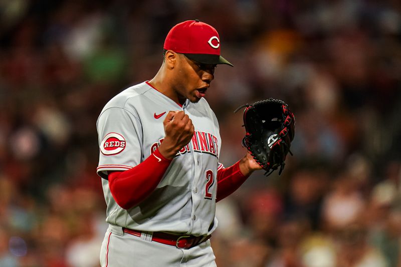 Jun 1, 2023; Boston, Massachusetts, USA; Cincinnati Reds starting pitcher Hunter Greene (21) reacts after the third out to end the sixth inning against the Boston Red Sox at Fenway Park. Mandatory Credit: David Butler II-USA TODAY Sports