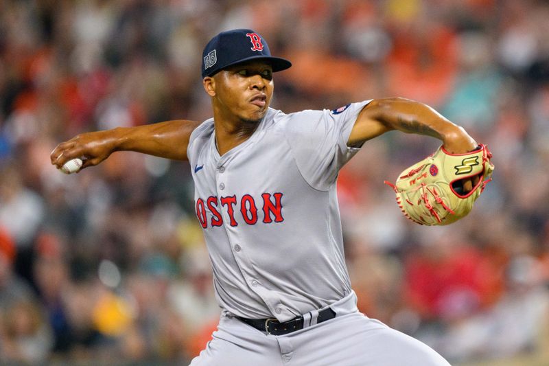 Aug 17, 2024; Baltimore, Maryland, USA; Boston Red Sox pitcher Brayan Bello (66) throws a pitch during the first inning against the Baltimore Orioles at Oriole Park at Camden Yards. Mandatory Credit: Reggie Hildred-USA TODAY Sports