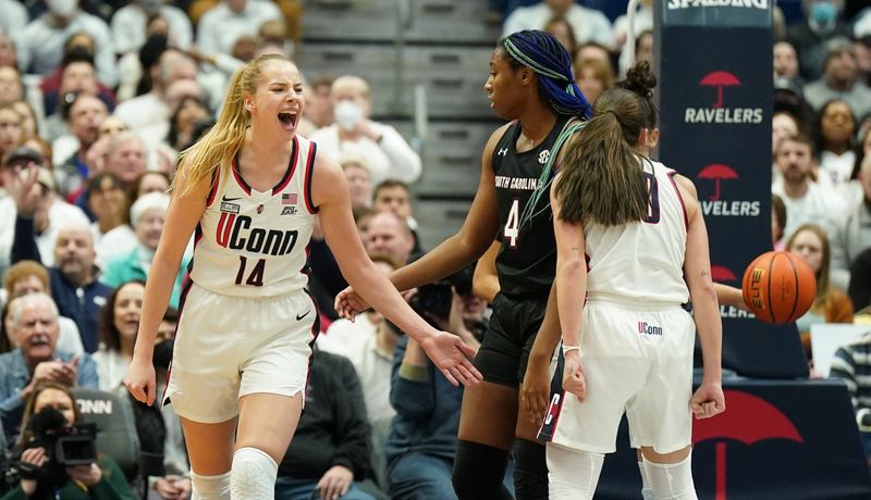 Feb 5, 2023; Hartford, Connecticut, USA; UConn Huskies forward Aaliyah Edwards (3) reacts after a play against the South Carolina Gamecocks in the first half at XL Center. Mandatory Credit: David Butler II-USA TODAY Sports