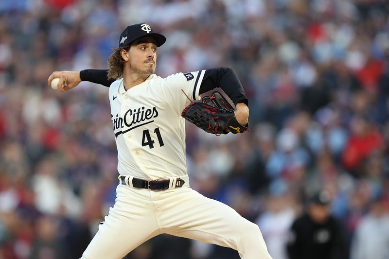 Oct 11, 2023; Minneapolis, Minnesota, USA; Minnesota Twins starting pitcher Joe Ryan (41) throws a pitch in the first inning against the Houston Astros during game four of the ALDS for the 2023 MLB playoffs at Target Field. Mandatory Credit: Jesse Johnson-USA TODAY Sports