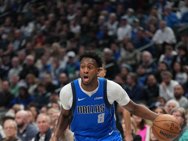 DALLAS, TX - FEBRUARY 10: Olivier Maxence-Prosper #8 of the Dallas Mavericks handles the ball during the game against the Sacramento Kings on February 10, 2025 at American Airlines Center in Dallas, Texas. NOTE TO USER: User expressly acknowledges and agrees that, by downloading and or using this photograph, User is consenting to the terms and conditions of the Getty Images License Agreement. Mandatory Copyright Notice: Copyright 2025 NBAE (Photo by Glenn James/NBAE via Getty Images)