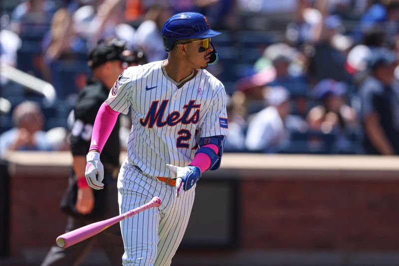 May 11, 2025; New York City, New York, USA; New York Mets third baseman Mark Vientos (27) looks up at his solo home run during the sixth inning against the Chicago Cubs at Citi Field. Mandatory Credit: Vincent Carchietta-Imagn Images