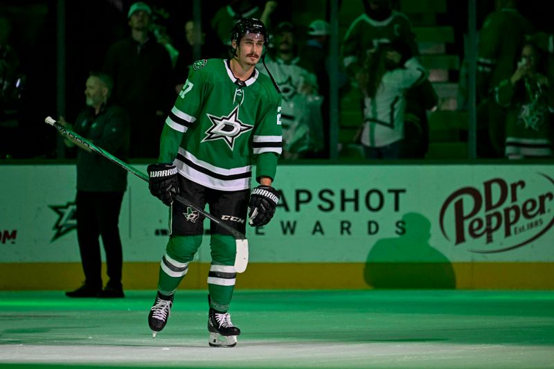 Nov 20, 2023; Dallas, Texas, USA; Dallas Stars left wing Mason Marchment (27) skates off the ice after being named the number one start in the Stars victory over the New York Rangers at the American Airlines Center. Mandatory Credit: Jerome Miron-USA TODAY Sports