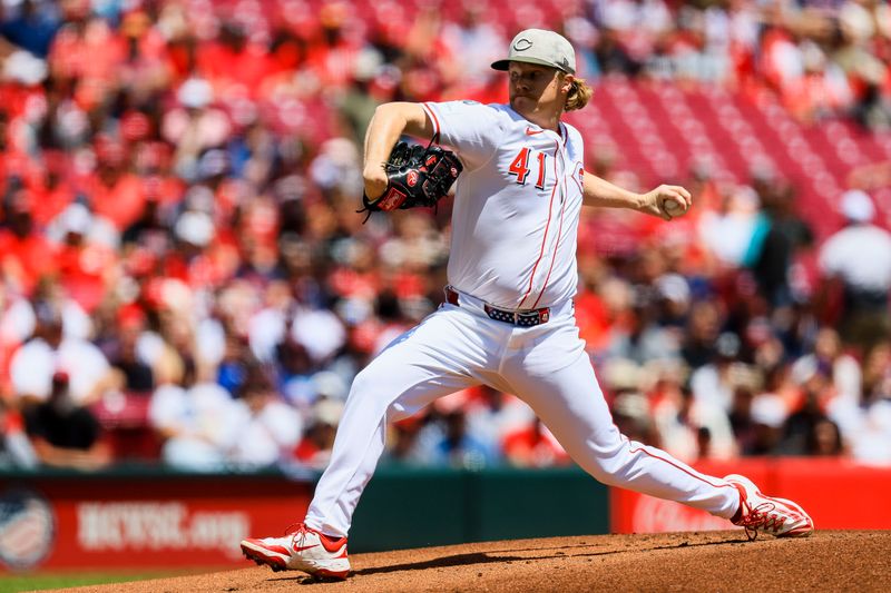 May 18, 2025; Cincinnati, Ohio, USA; Cincinnati Reds starting pitcher Andrew Abbott (41) pitches against the Cleveland Guardians in the first inning at Great American Ball Park. Mandatory Credit: Katie Stratman-Imagn Images
