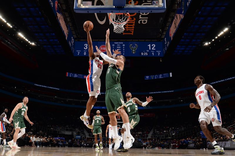 DETROIT, MI - OCTOBER 6: Jaden Ivey #23 of the Detroit Pistons drives to the basket during the game against the Milwaukee Bucks during a NBA preseason game on October 6, 2024 at Little Caesars Arena in Detroit, Michigan. NOTE TO USER: User expressly acknowledges and agrees that, by downloading and/or using this photograph, User is consenting to the terms and conditions of the Getty Images License Agreement. Mandatory Copyright Notice: Copyright 2024 NBAE (Photo by Chris Schwegler/NBAE via Getty Images)