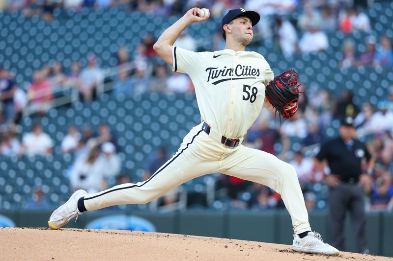 Aug 28, 2024; Minneapolis, Minnesota, USA; Minnesota Twins starting pitcher David Festa (58) delivers a pitch against the Atlanta Braves during the first inning at Target Field. Mandatory Credit: Matt Krohn-USA TODAY Sports